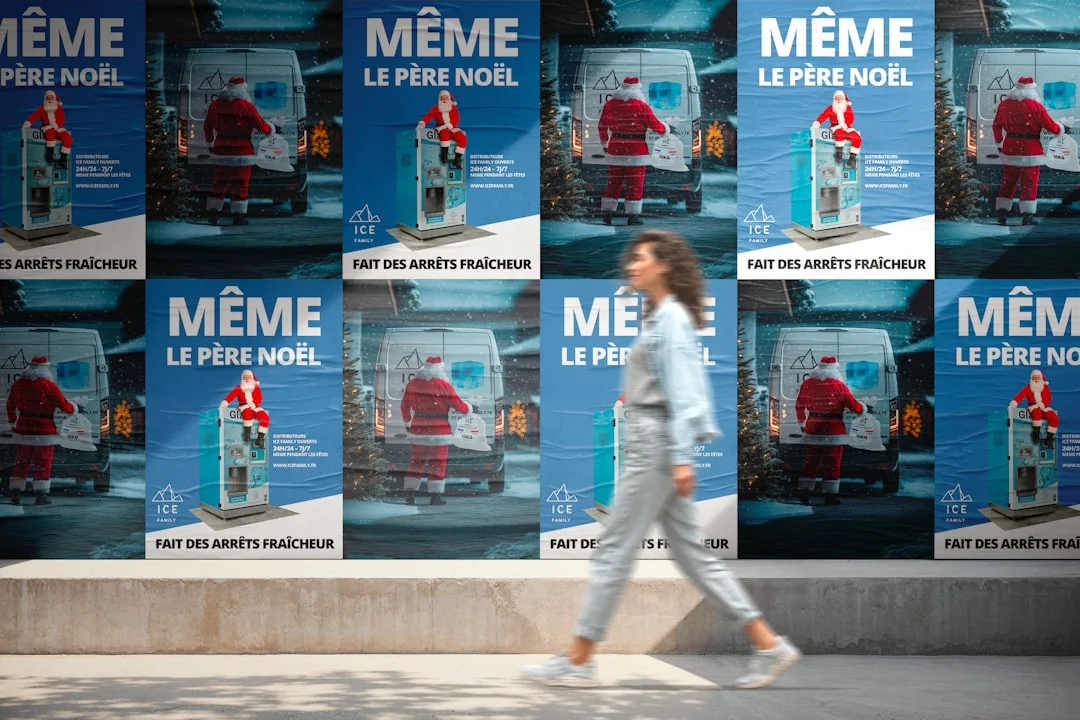 A woman uses a smartphone to scan a QR code on a digital wall display indoors.